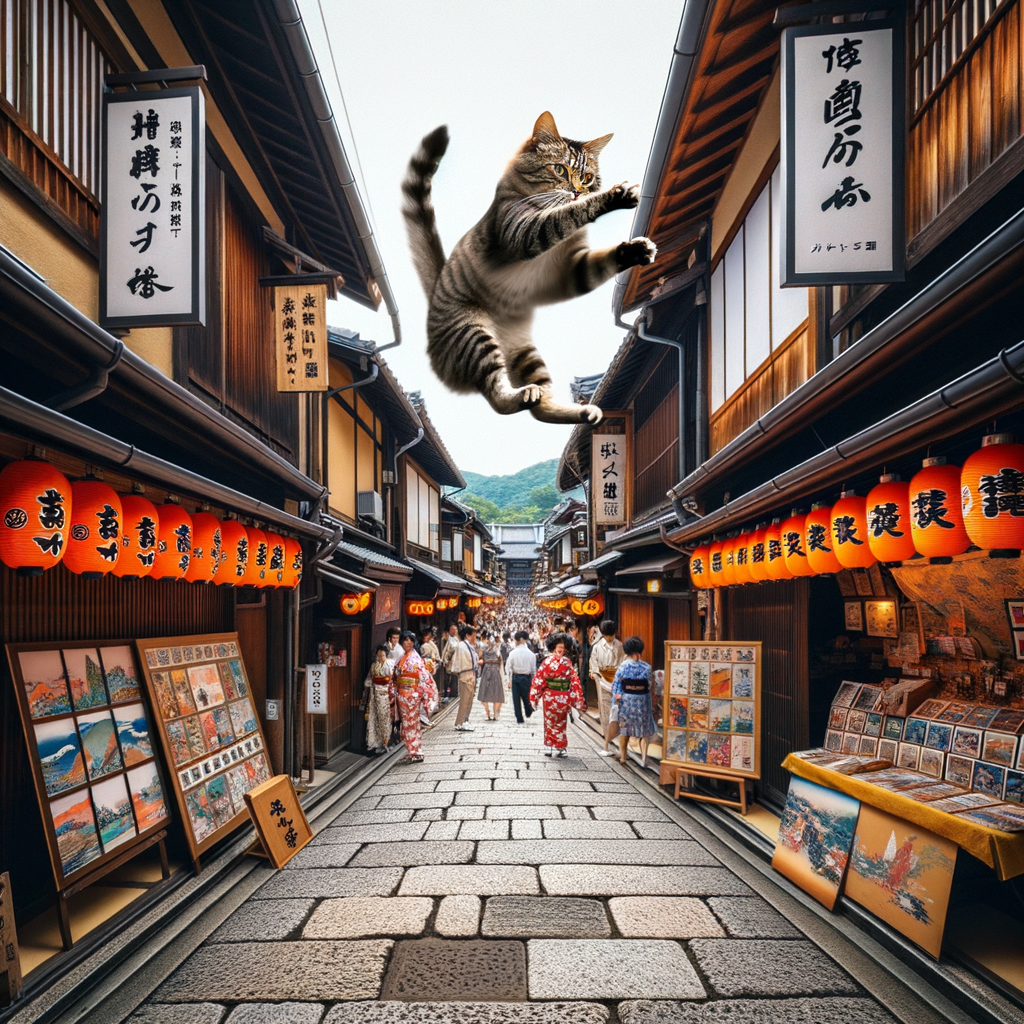 江戸の鮮やかな街でジャンプしながらカメラで撮影するねこ